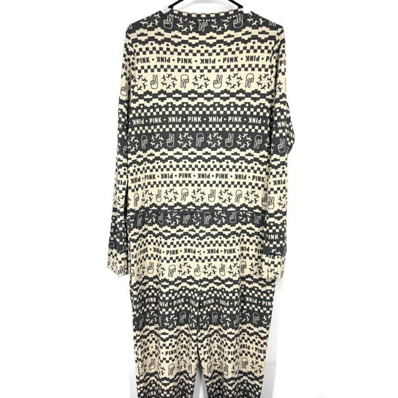 NWT Victoria's Secret Peace Sign PINK Thermal Pajama Onesie Grey Cream L - Picture 7 of 8